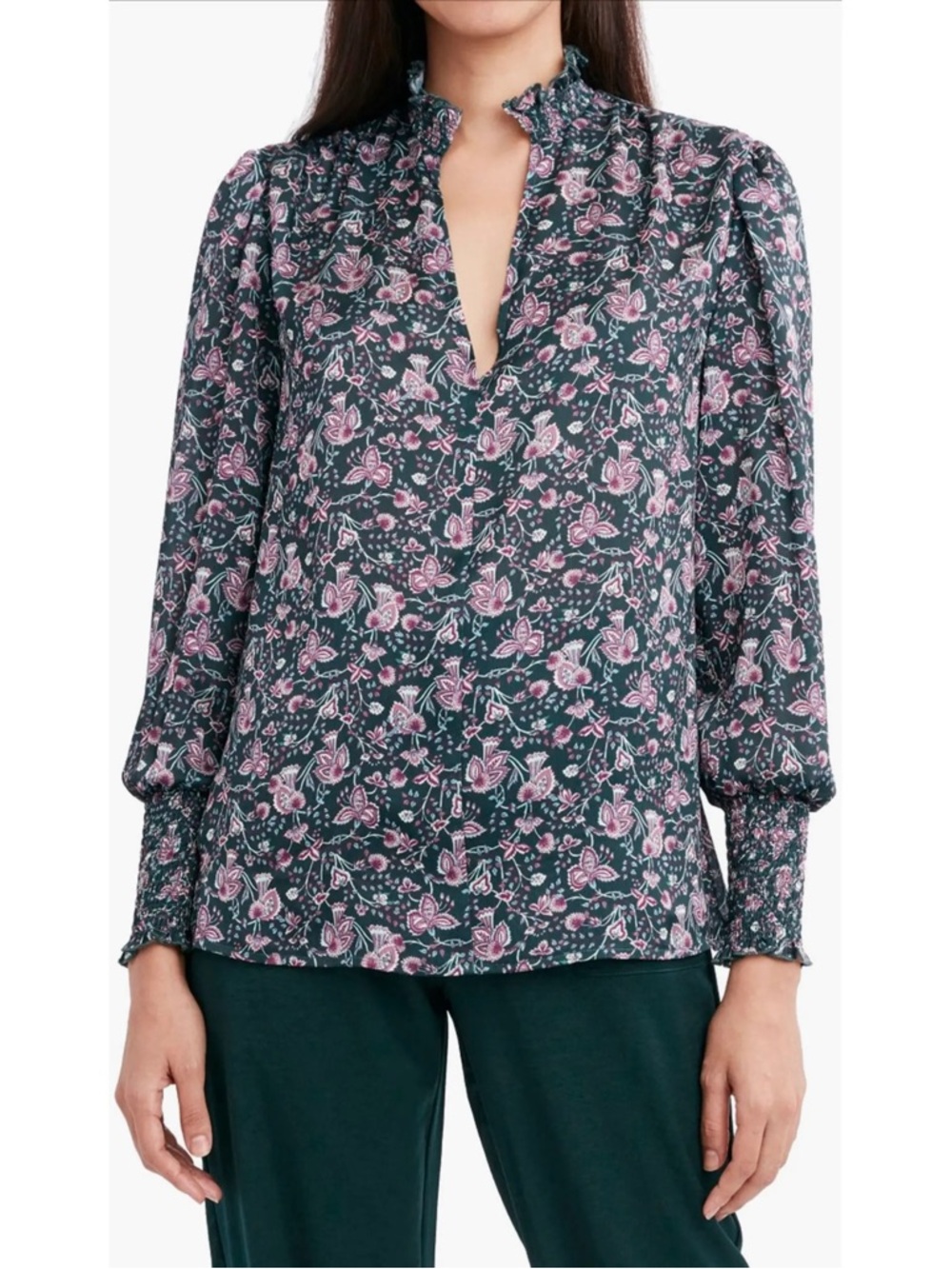 BCBGMaxazaria Paisley Ruffle Neck Long Sleeve Blouse